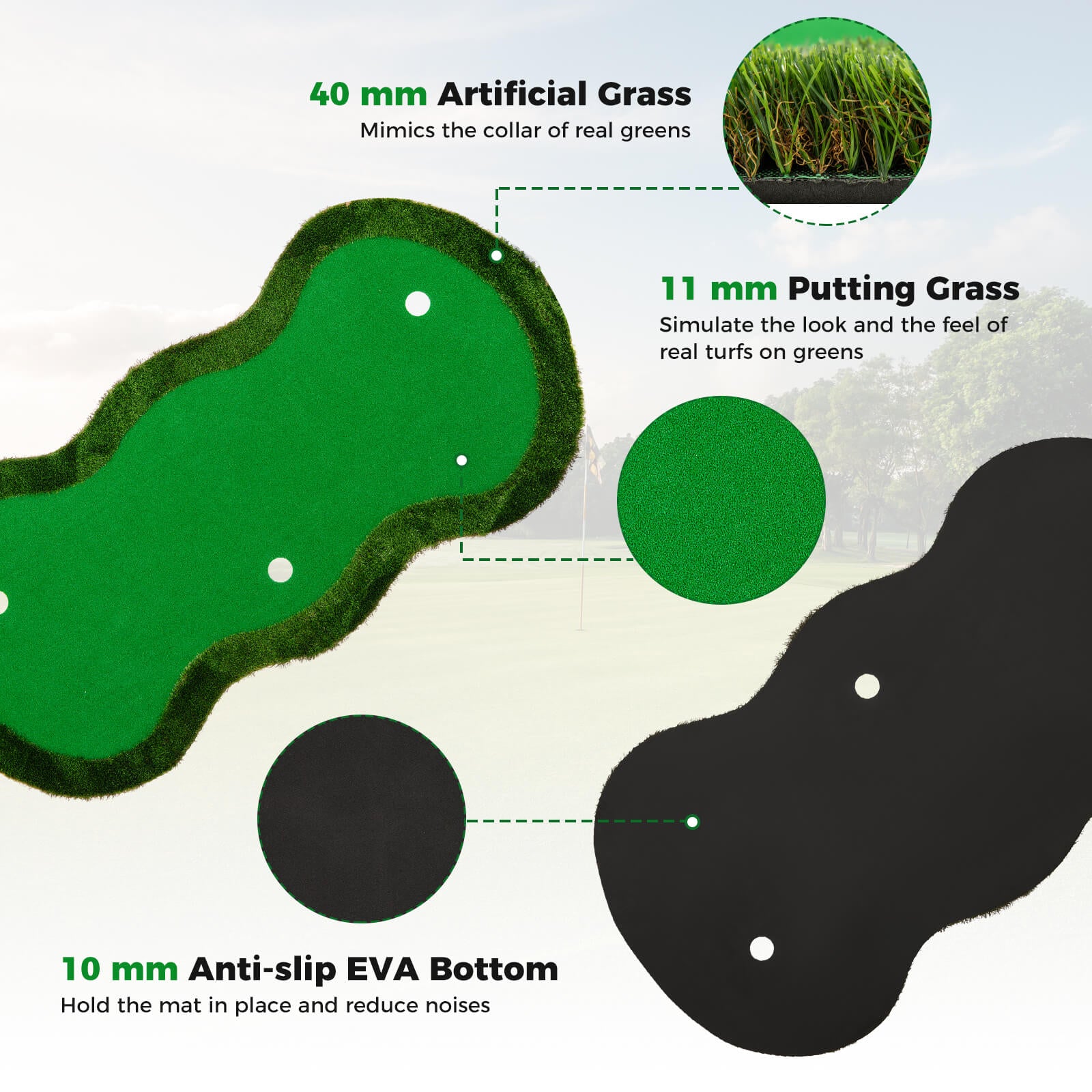 300 x 150 cm Golf Putting Green Practice Mat with 3 Holes and Golf Balls