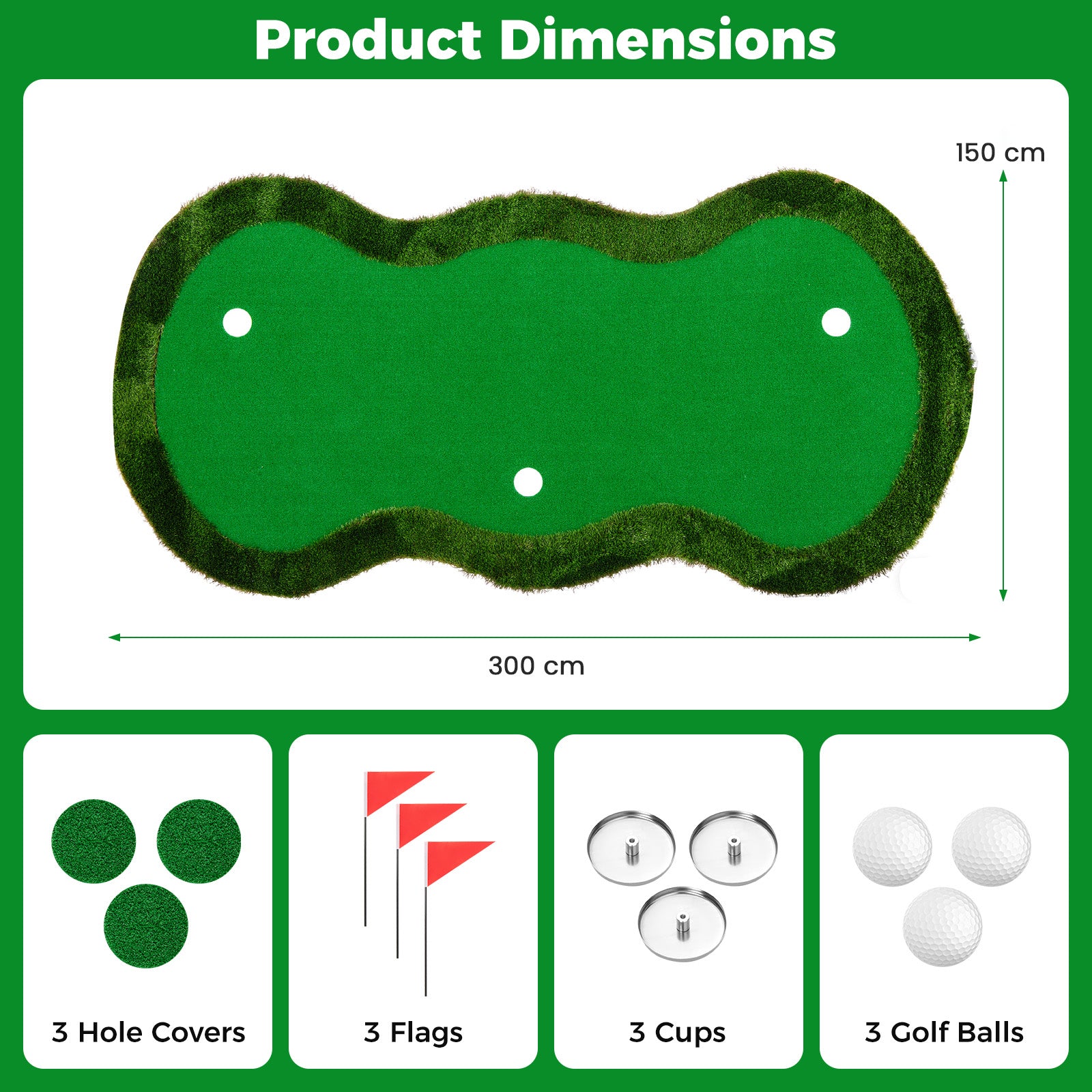 300 x 150 cm Golf Putting Green Practice Mat with 3 Holes and Golf Balls