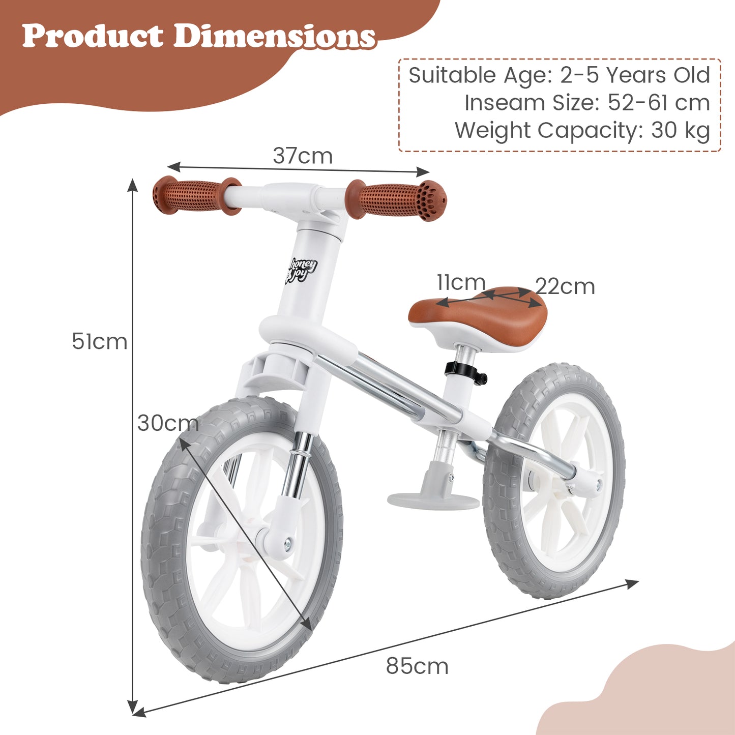 30 CM Balance Bike with Adjustable Seat and Wear-resistant EVA Foam Tires-White