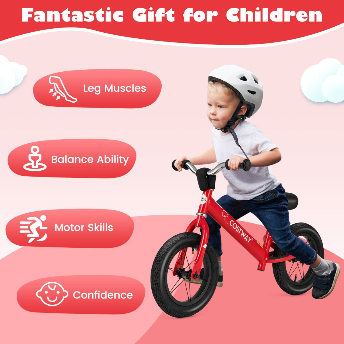 Costway 30 cm Toddler Balance Bike with Height Adjustable Handlebar and Seat-Red