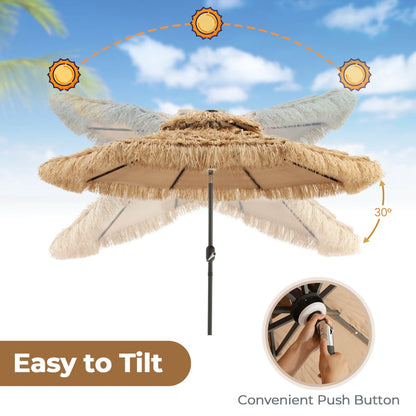 Costway 32 LED Hula Thatched Tiki Umbrella Solar Powered with 30-Degree Tilt