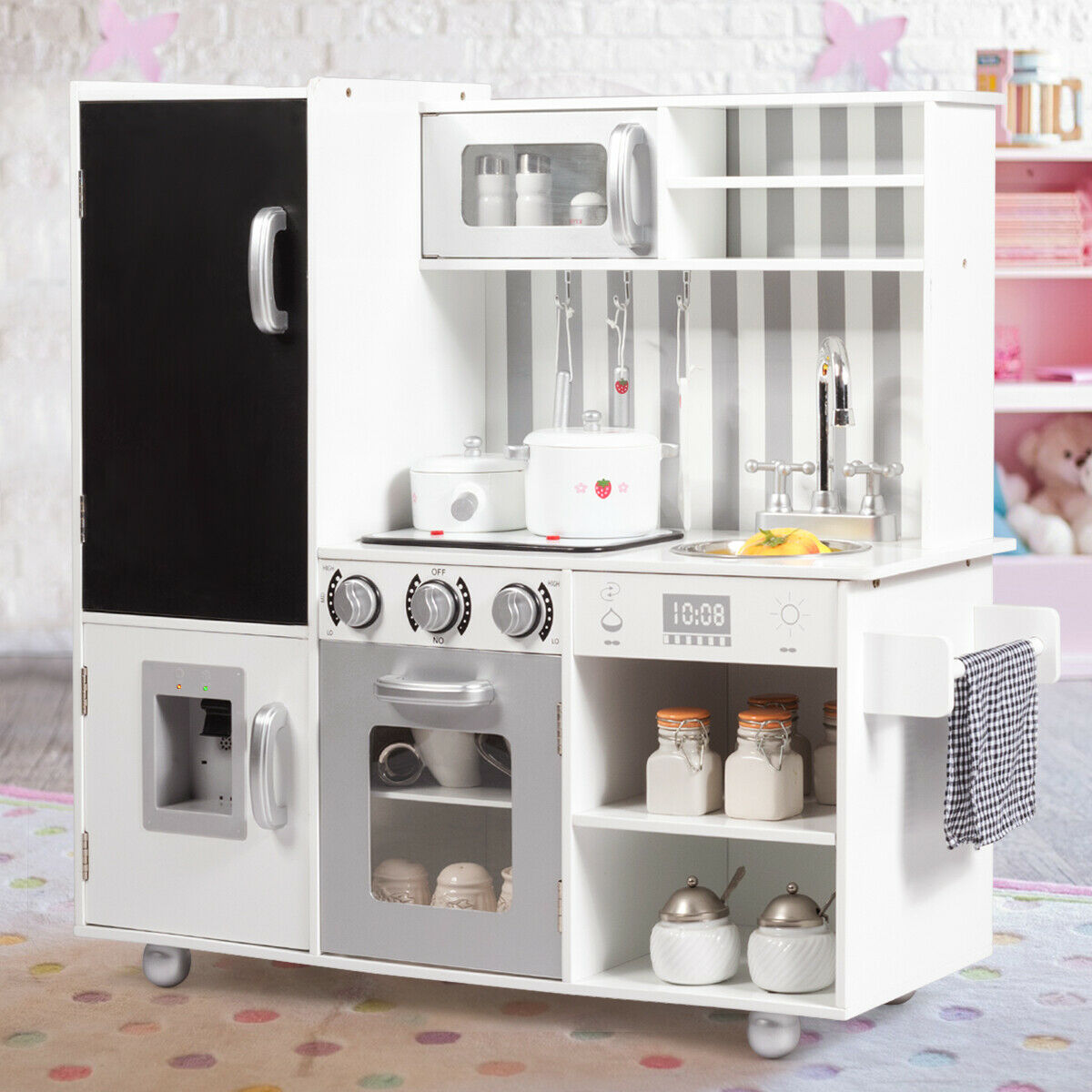 White kids kitchen set with refrigerator chalkboard for writing grocery lists and messages