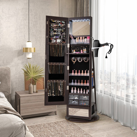 Costway 360° Swivel Jewelry Cabinet with Full-Length Mirror-Rustic Brown