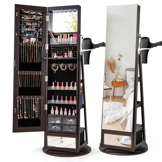 Costway 360° Swivel Jewelry Cabinet with Full-Length Mirror-Rustic Brown