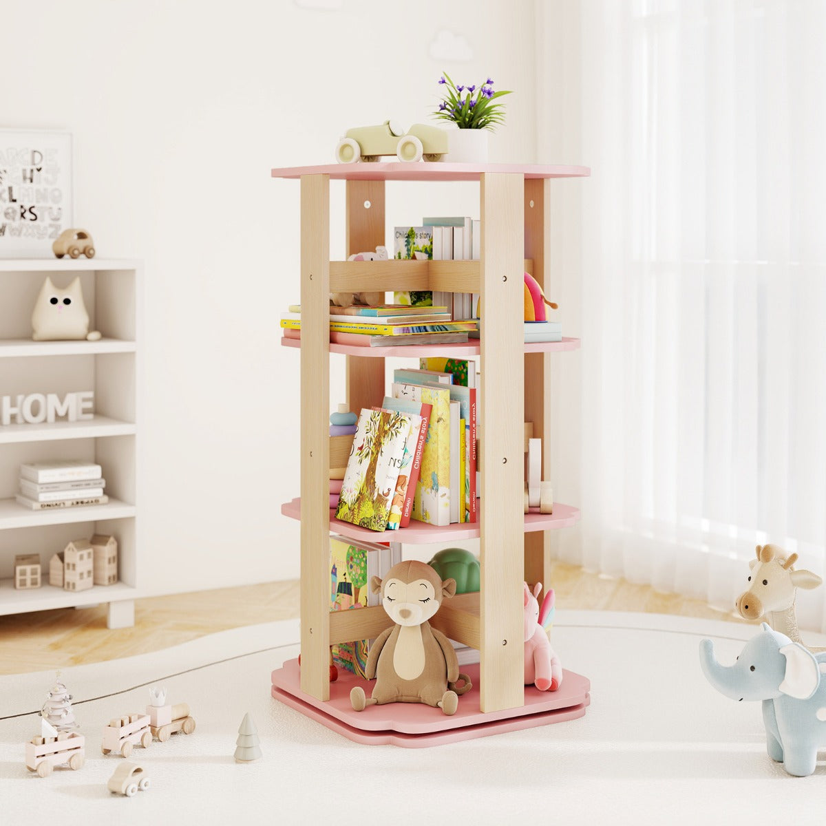 360 Spinning 3-Tier Kids Book Shelf Tower with 12 Sectors-Pink