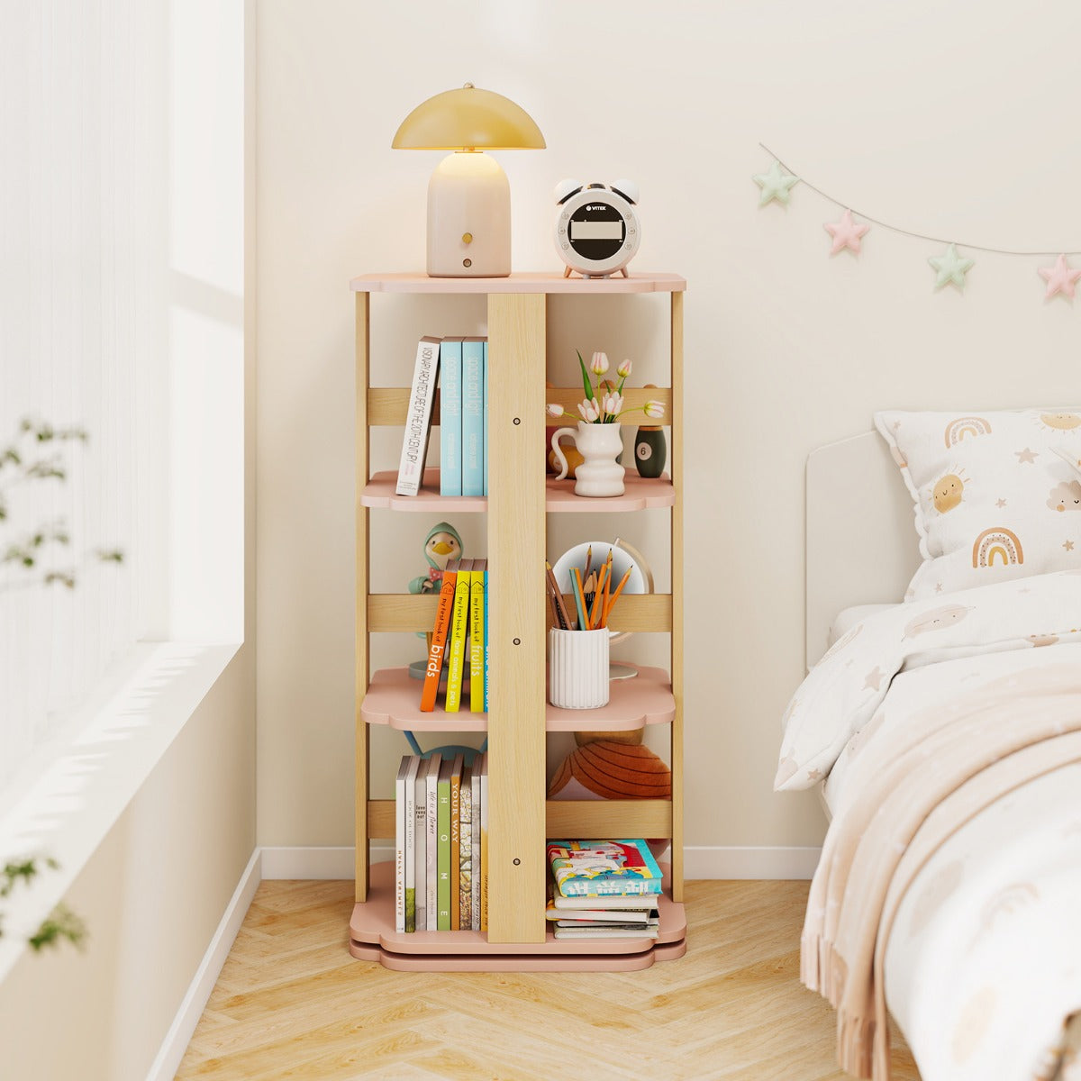 360 Spinning 3-Tier Kids Book Shelf Tower with 12 Sectors-Pink