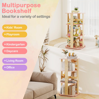 360 Spinning 3-Tier Kids Book Shelf Tower with 12 Sectors-Pink