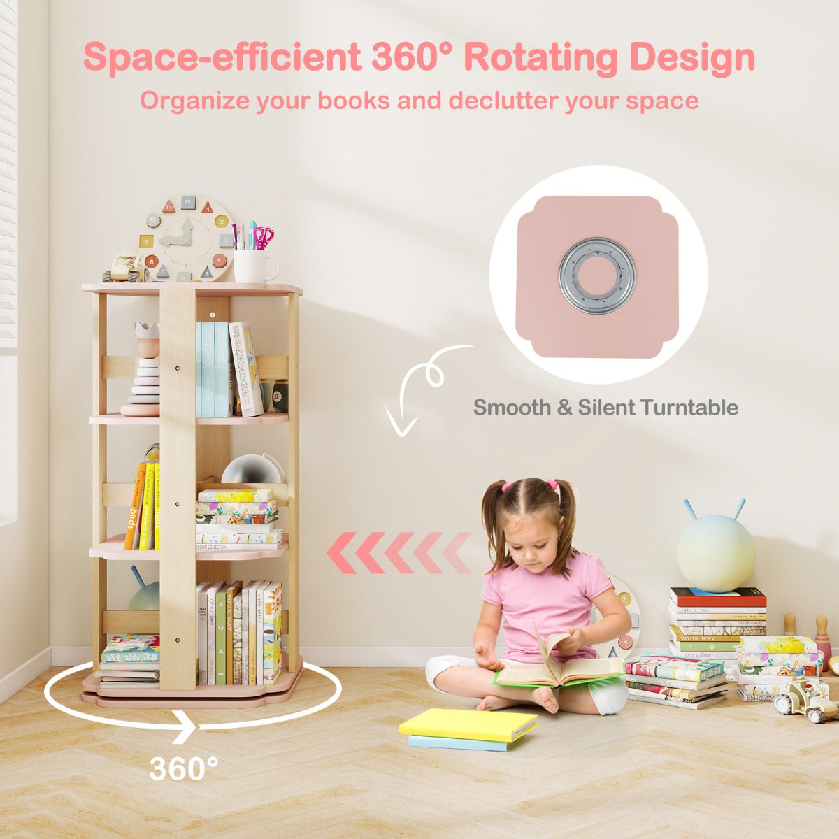 360 Spinning 3-Tier Kids Book Shelf Tower with 12 Sectors-Pink