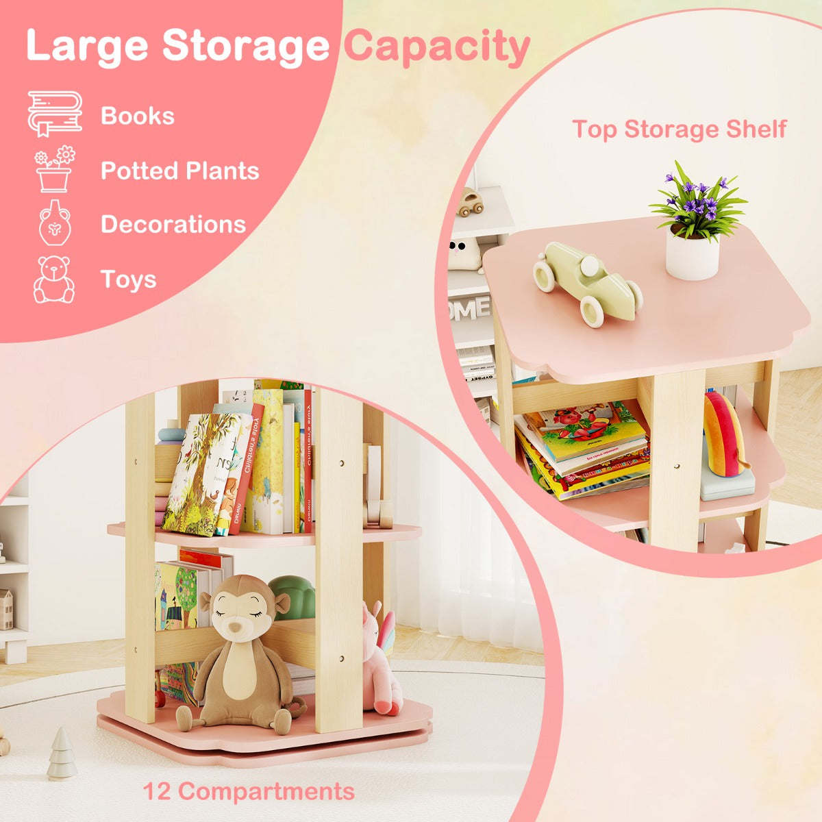 360 Spinning 3-Tier Kids Book Shelf Tower with 12 Sectors-Pink