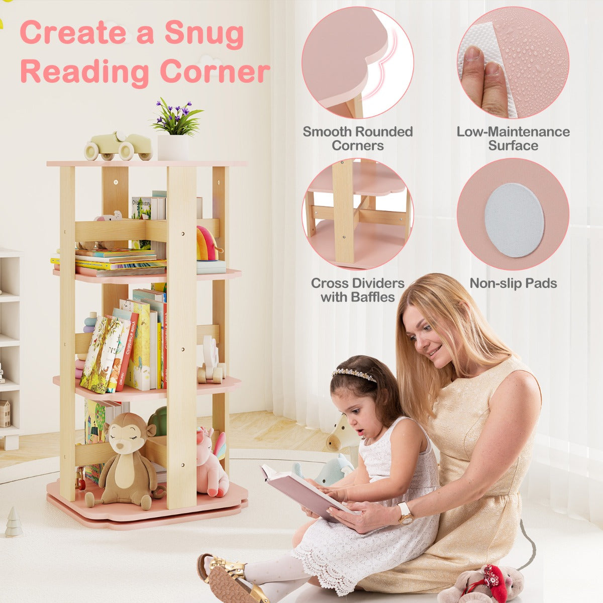 360 Spinning 3-Tier Kids Book Shelf Tower with 12 Sectors-Pink