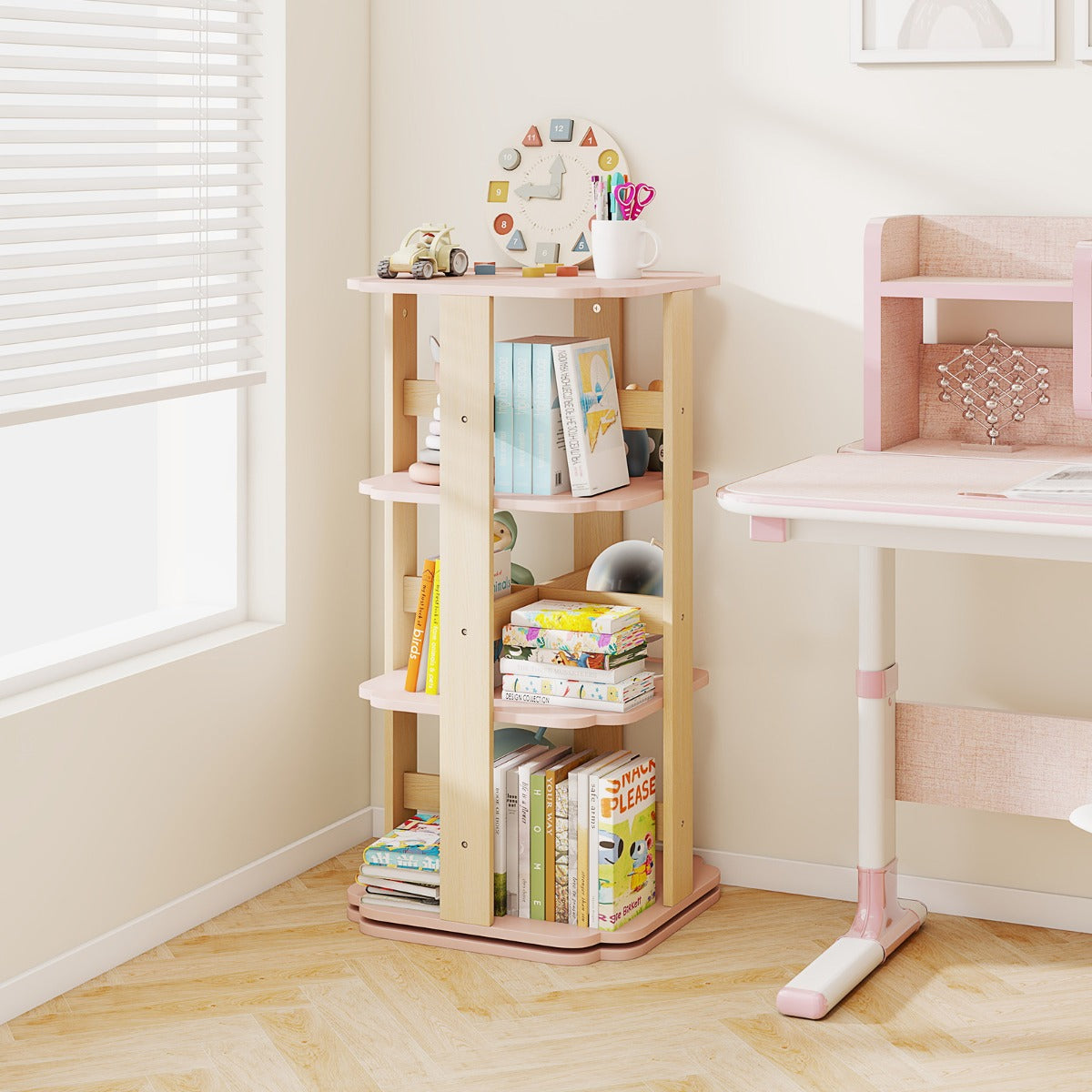 360 Spinning 3-Tier Kids Book Shelf Tower with 12 Sectors-Pink