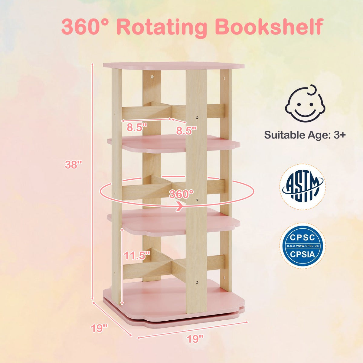 360 Spinning 3-Tier Kids Book Shelf Tower with 12 Sectors-Pink