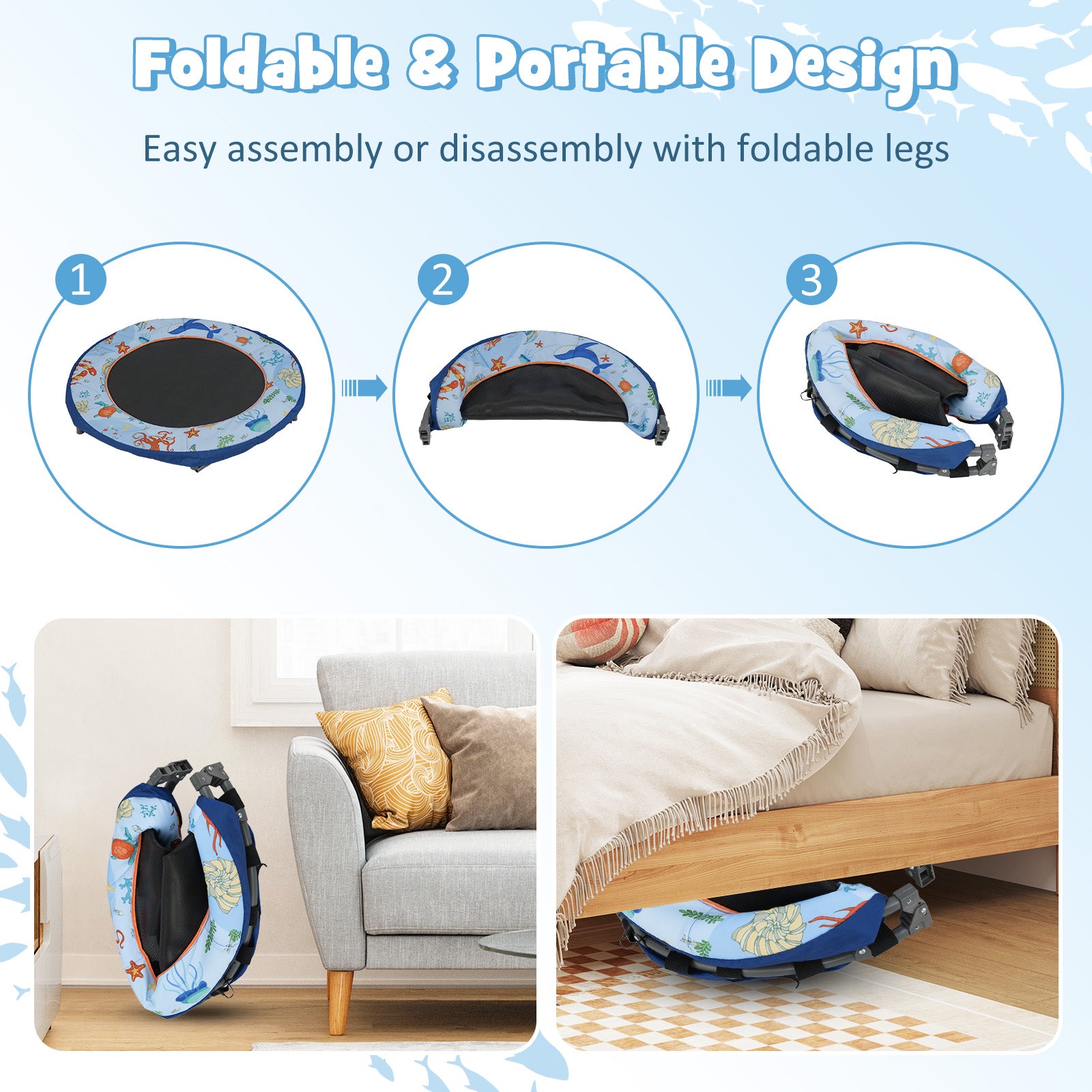 36 Inch Mini Trampoline Foldable for Kids with LED Lights and Handlebar-Blue