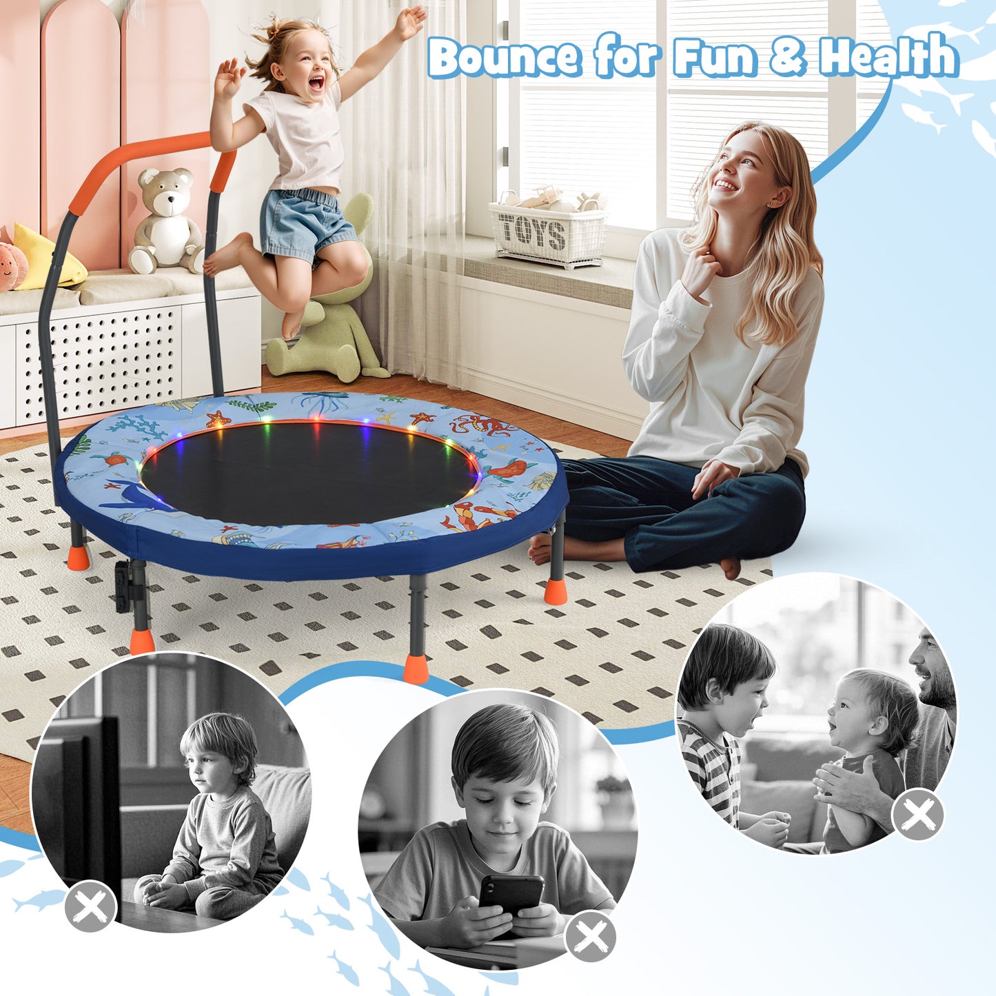 36 Inch Mini Trampoline Foldable for Kids with LED Lights and Handlebar-Blue