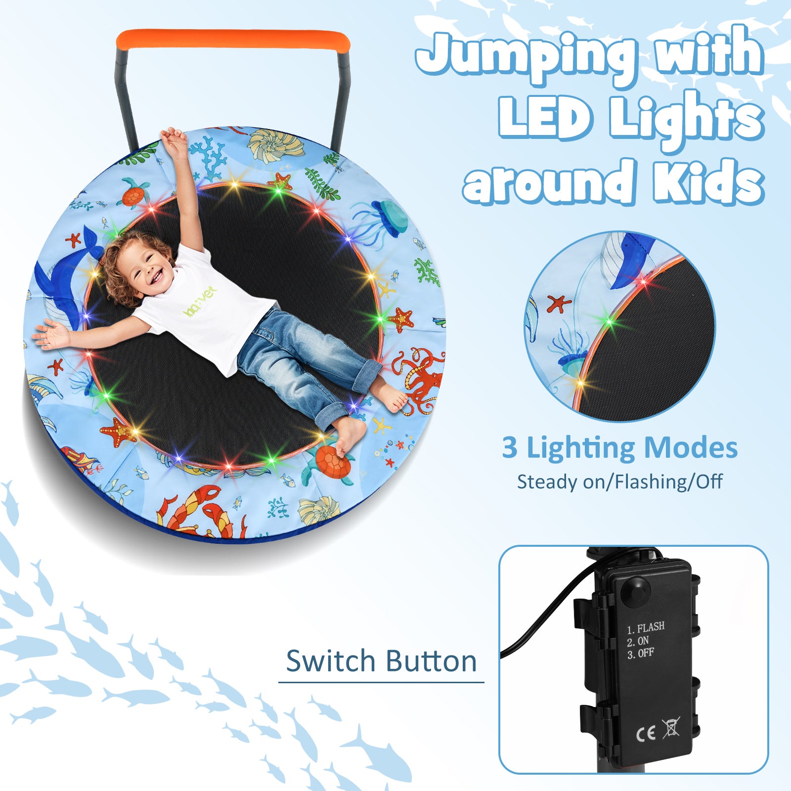 36 Inch Mini Trampoline Foldable for Kids with LED Lights and Handlebar-Blue