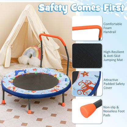 36 Inch Mini Trampoline Foldable for Kids with LED Lights and Handlebar-Blue
