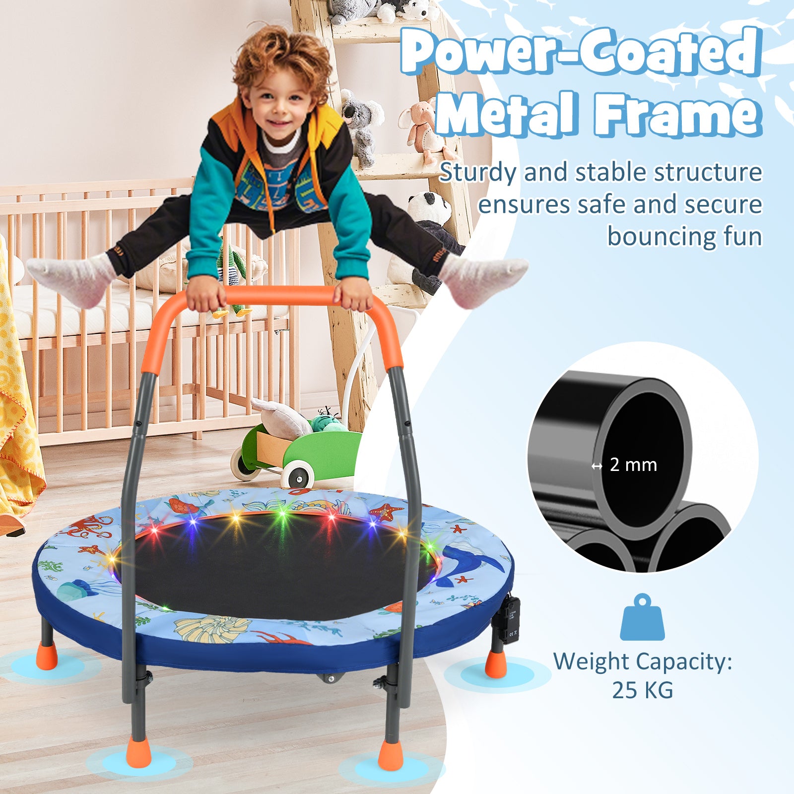 36 Inch Mini Trampoline Foldable for Kids with LED Lights and Handlebar-Blue