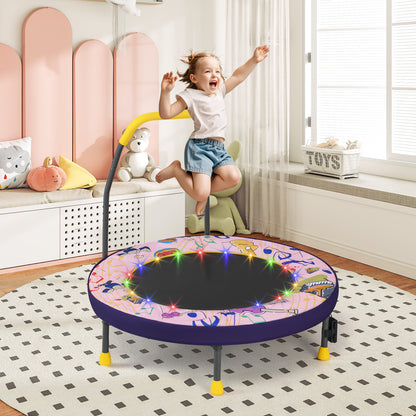 36 Inch Mini Trampoline Foldable for Kids with LED Lights and Handlebar-Pink
