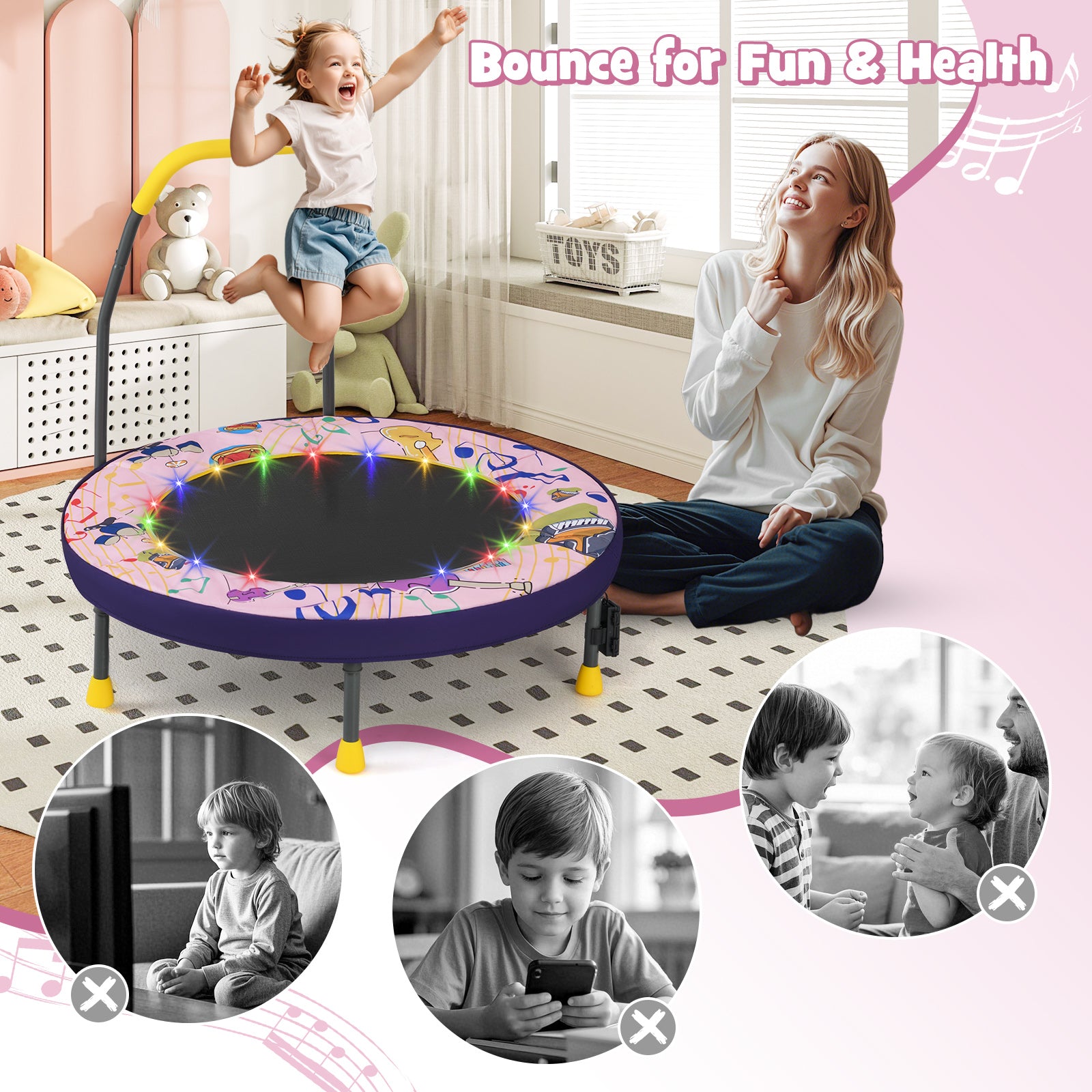 36 Inch Mini Trampoline Foldable for Kids with LED Lights and Handlebar-Pink