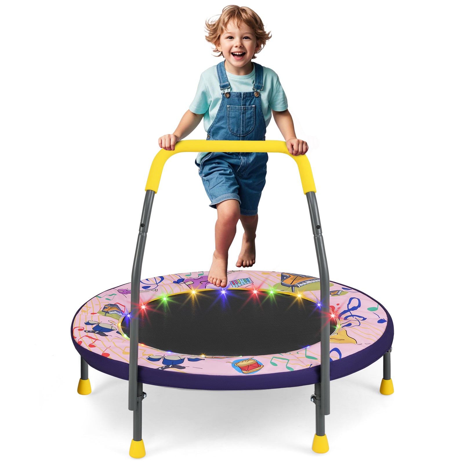 36 Inch Mini Trampoline Foldable for Kids with LED Lights and Handlebar-Pink