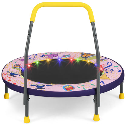 36 Inch Mini Trampoline Foldable for Kids with LED Lights and Handlebar-Pink