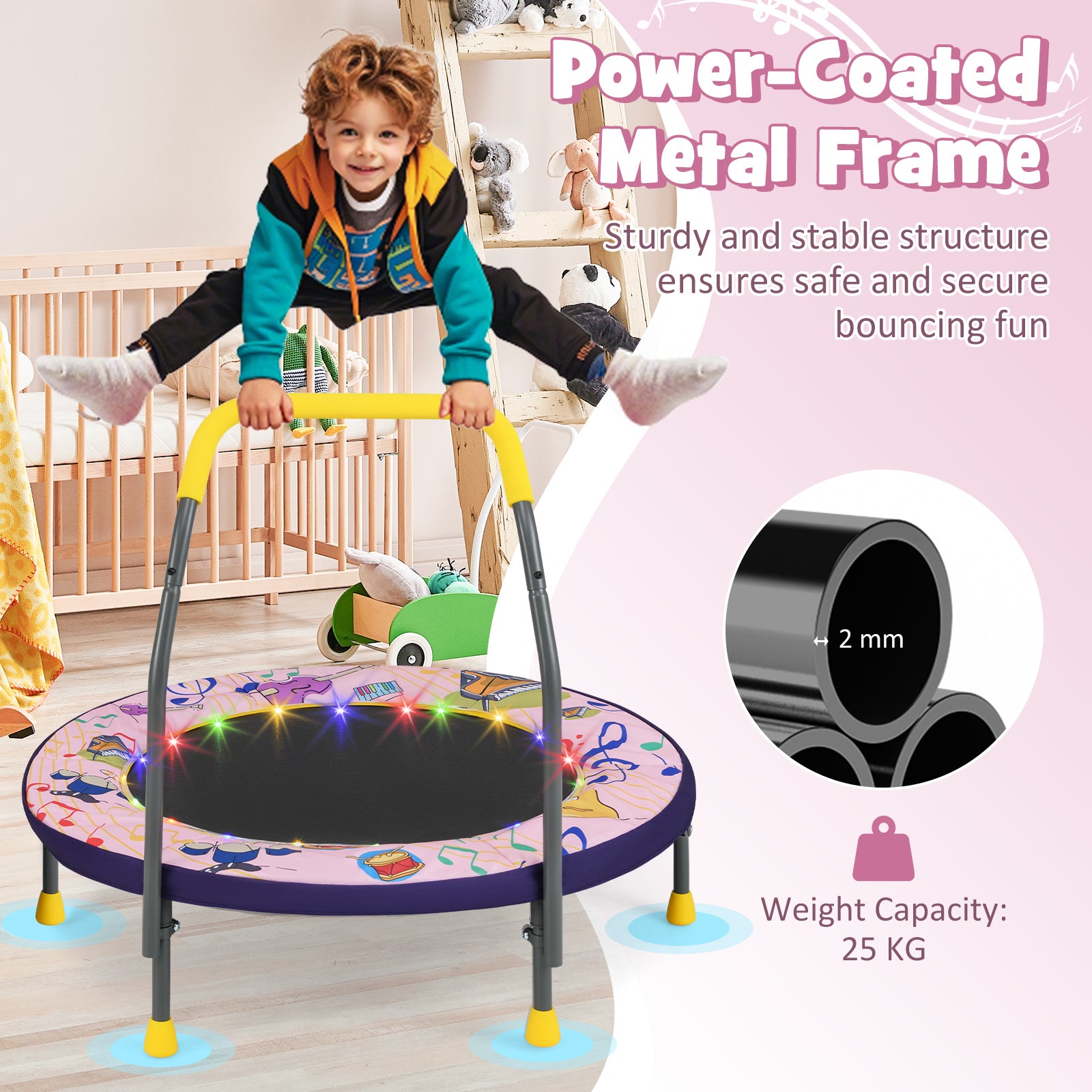 36 Inch Mini Trampoline Foldable for Kids with LED Lights and Handlebar-Pink
