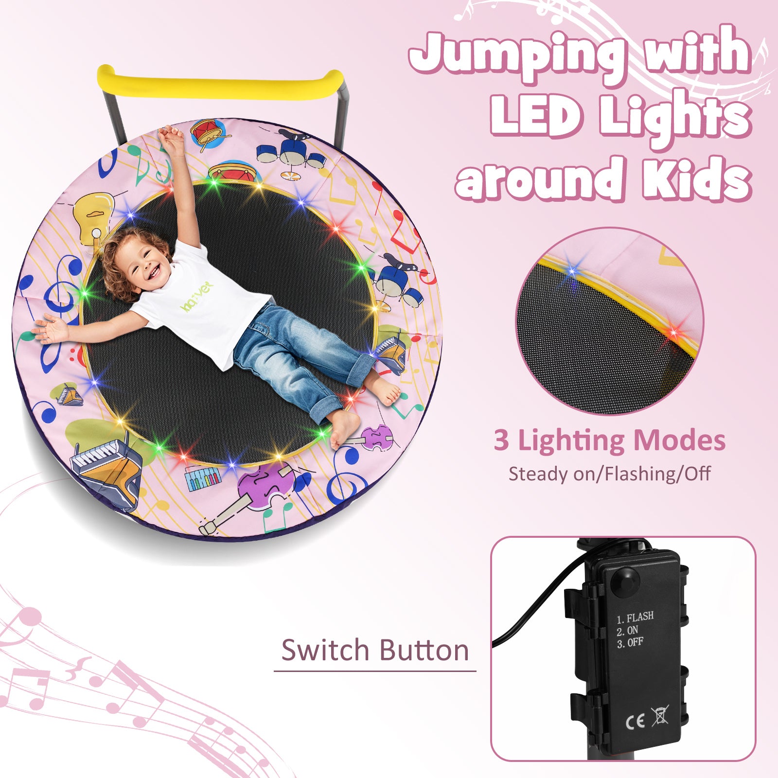 36 Inch Mini Trampoline Foldable for Kids with LED Lights and Handlebar-Pink