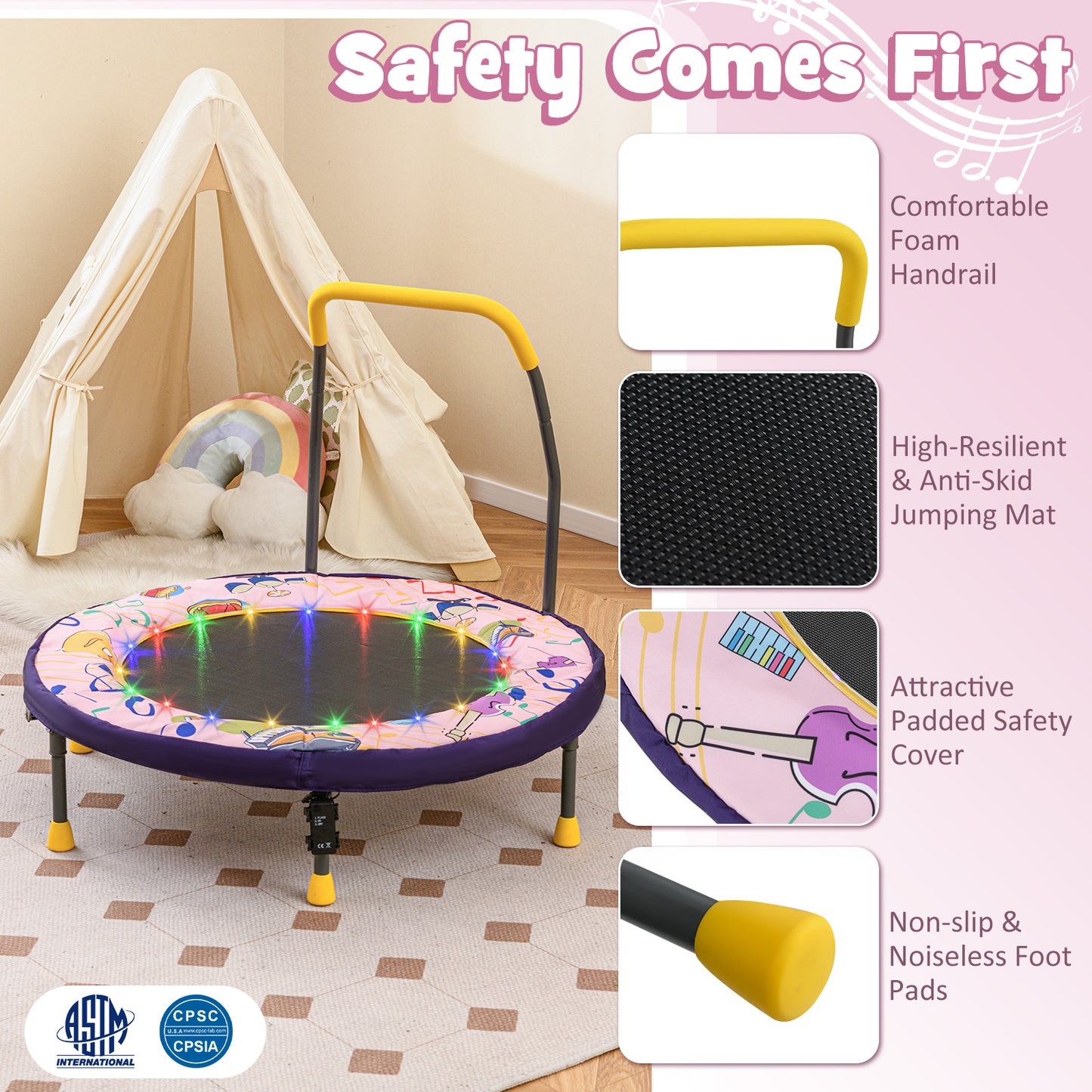 36 Inch Mini Trampoline Foldable for Kids with LED Lights and Handlebar-Pink