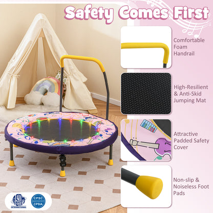 36 Inch Mini Trampoline Foldable for Kids with LED Lights and Handlebar-Pink