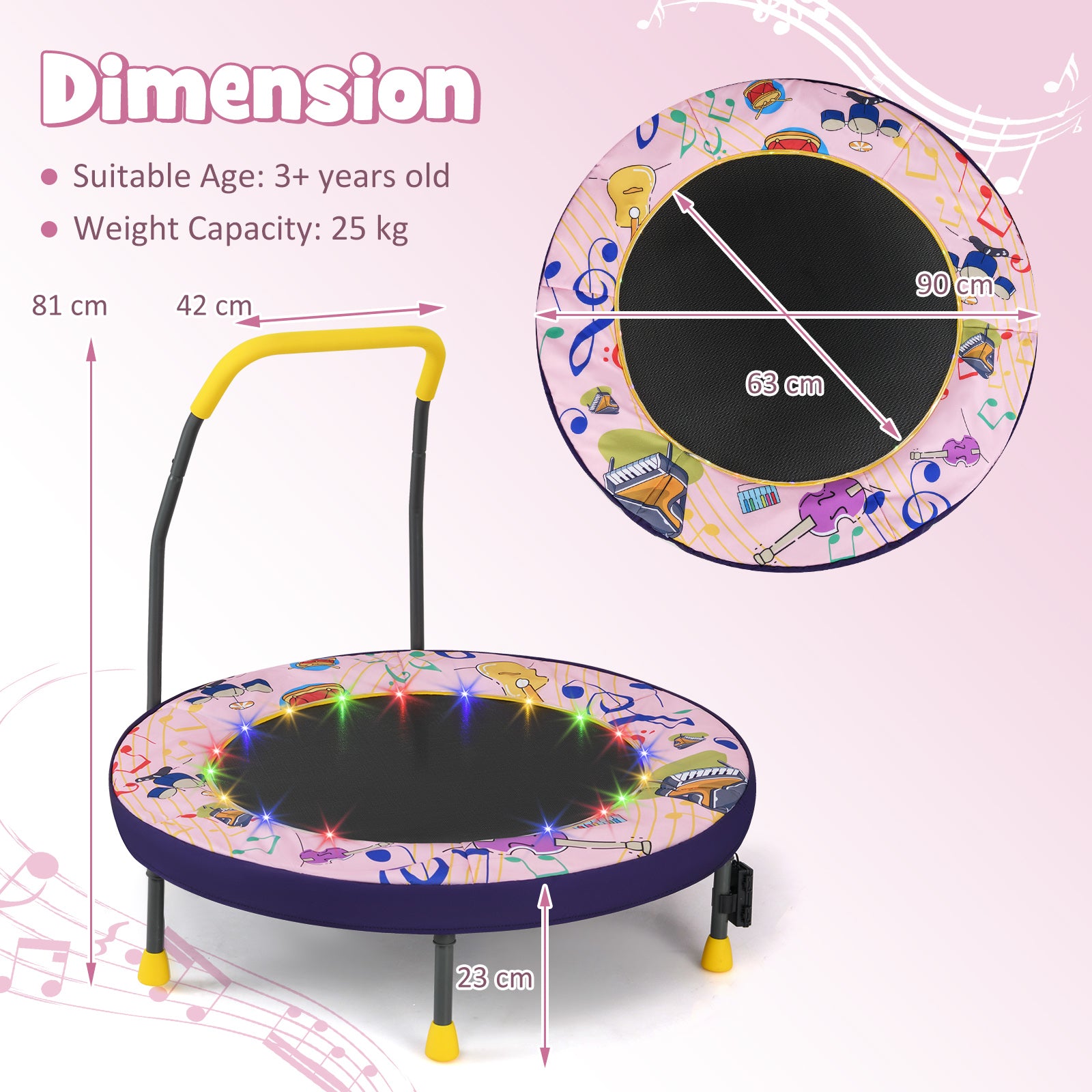 36 Inch Mini Trampoline Foldable for Kids with LED Lights and Handlebar-Pink