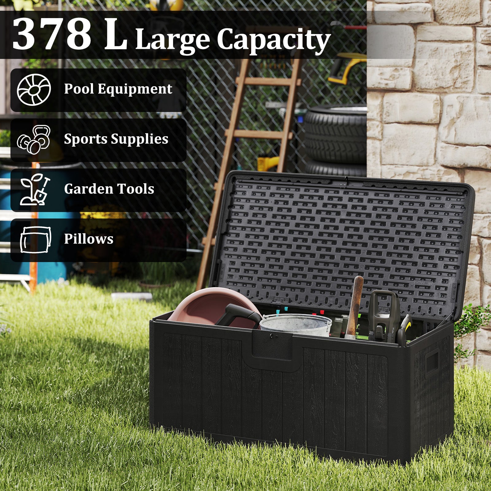 378 L Large Deck Box 200kg Weight Capacity Resin Storage Bench with Lockable Lid-Black