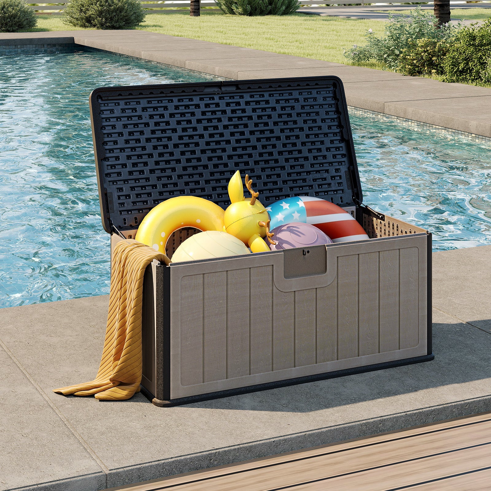 378 L Large Deck Box 200kg Weight Capacity Resin Storage Bench with Lockable Lid-Dark Grey