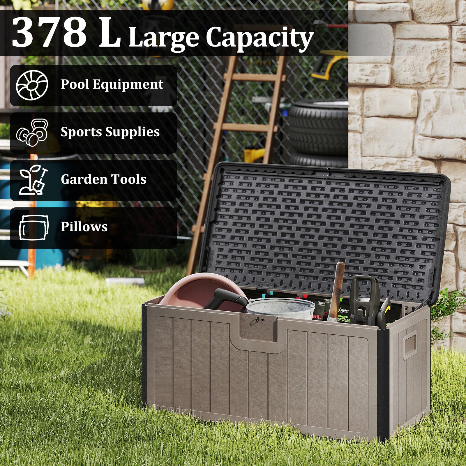 378 L Large Deck Box 200kg Weight Capacity Resin Storage Bench with Lockable Lid-Dark Grey