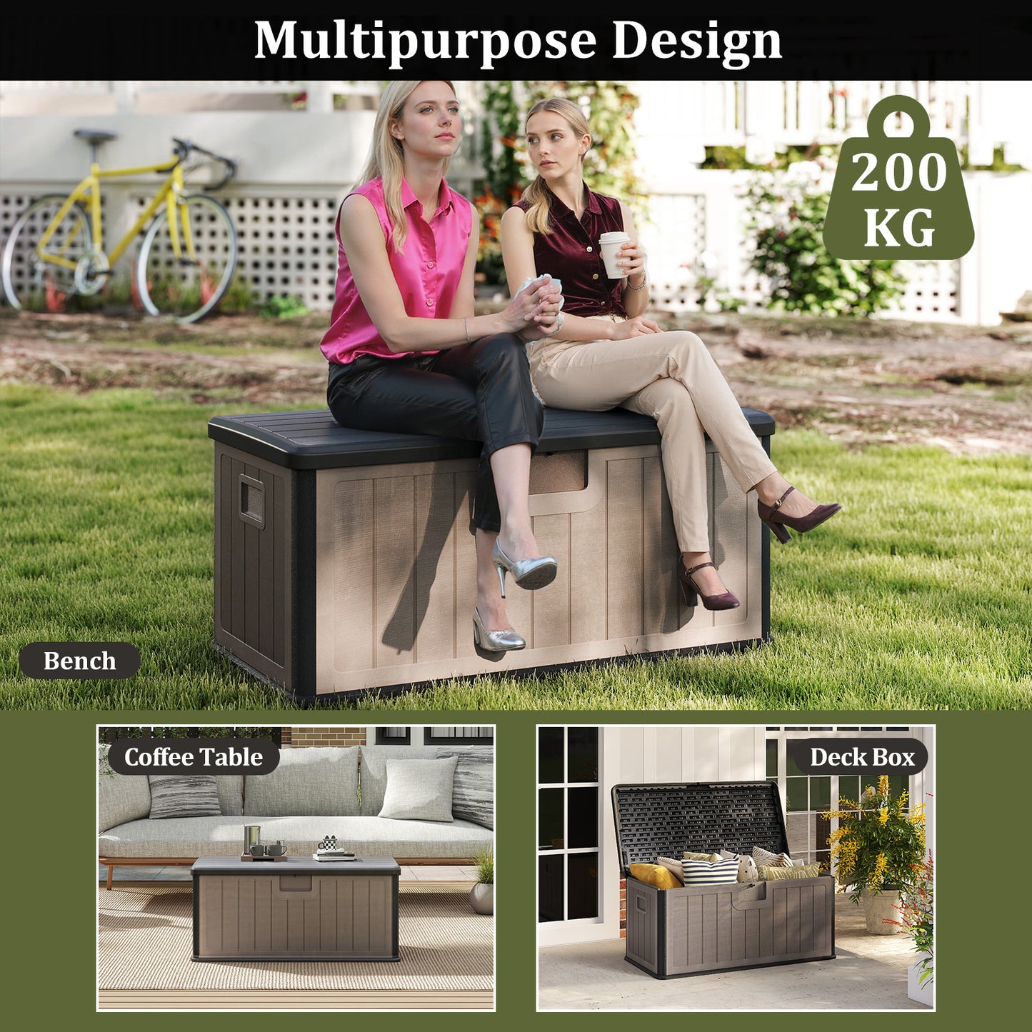 378 L Large Deck Box 200kg Weight Capacity Resin Storage Bench with Lockable Lid-Dark Grey