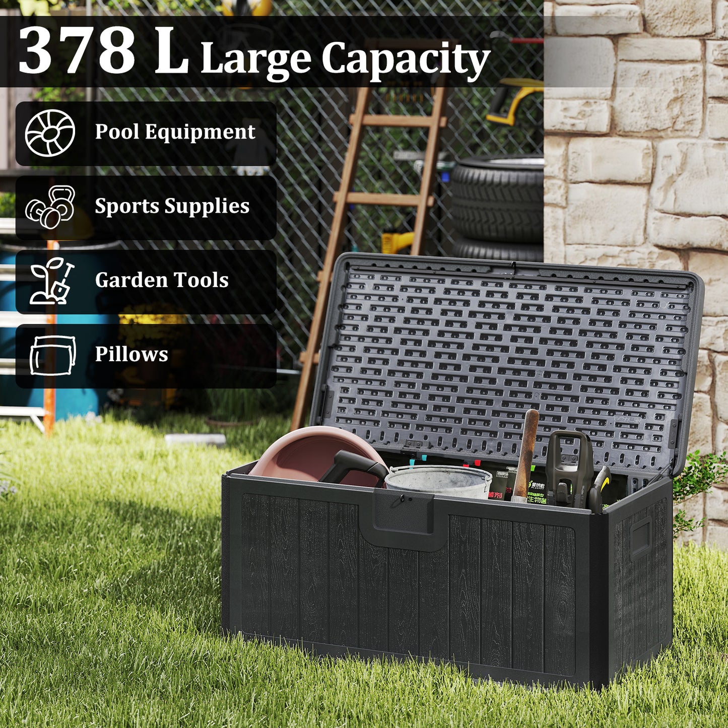 378 L Large Deck Box 200kg Weight Capacity Resin Storage Bench with Lockable Lid-Grey