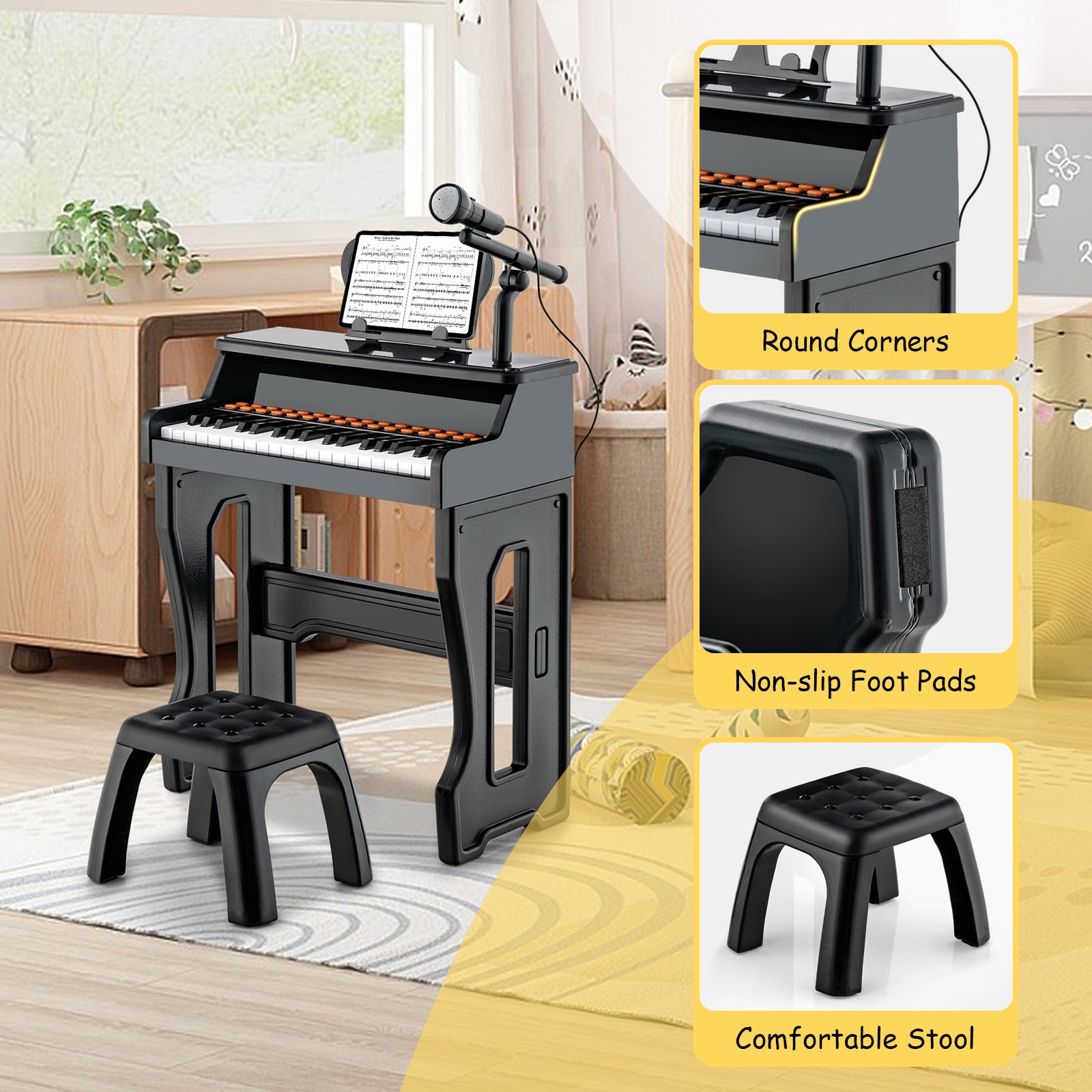 37-Key Electronic Piano Keyboard Toy with Adjustable Microphone-Black