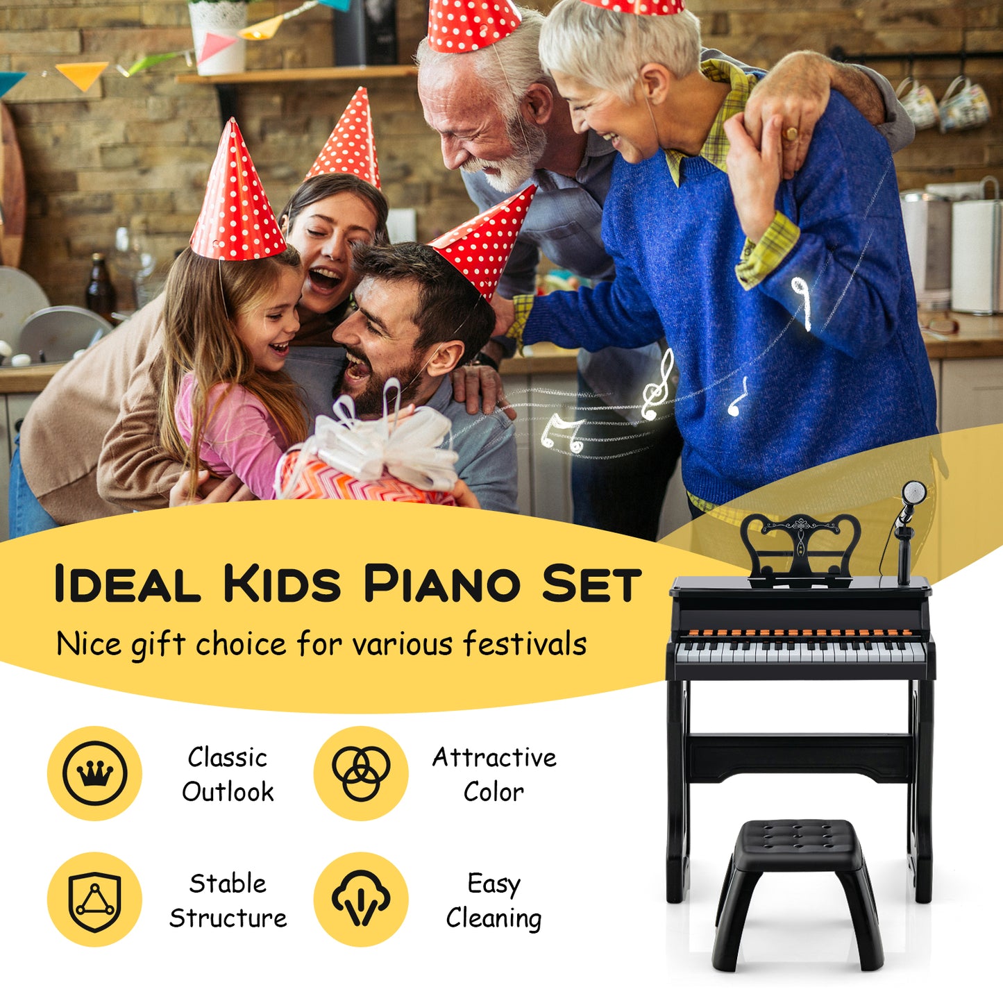 37-Key Electronic Piano Keyboard Toy with Adjustable Microphone-Black