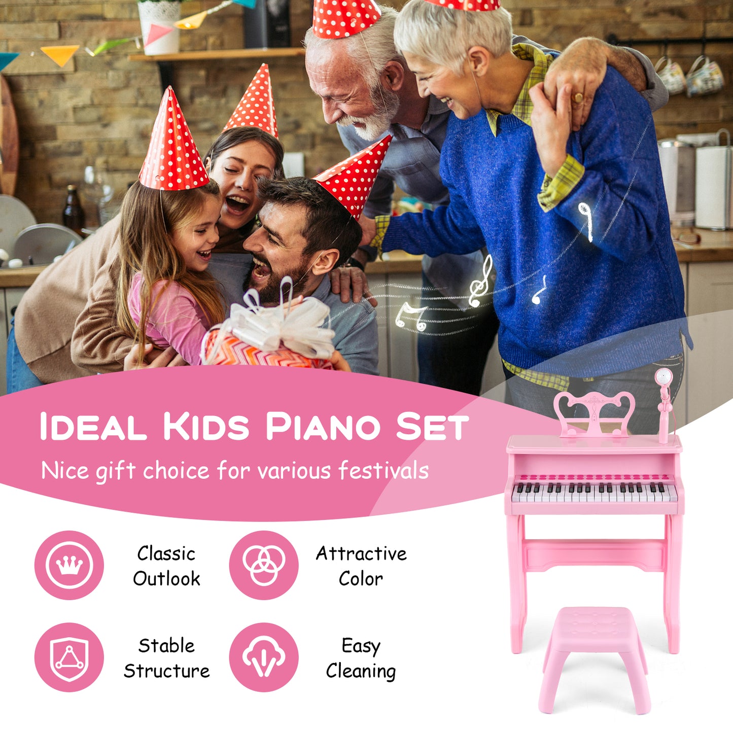 37-Key Electronic Piano Keyboard Toy with Adjustable Microphone-Pink