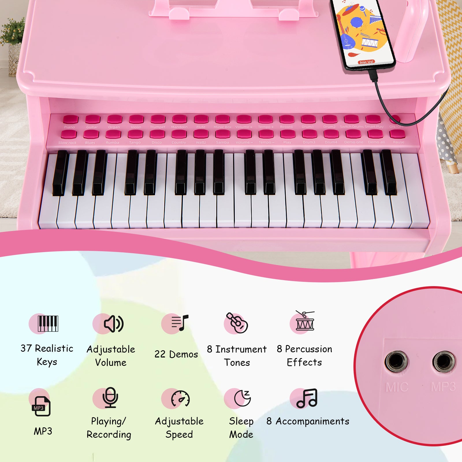 37-Key Electronic Piano Keyboard Toy with Adjustable Microphone-Pink