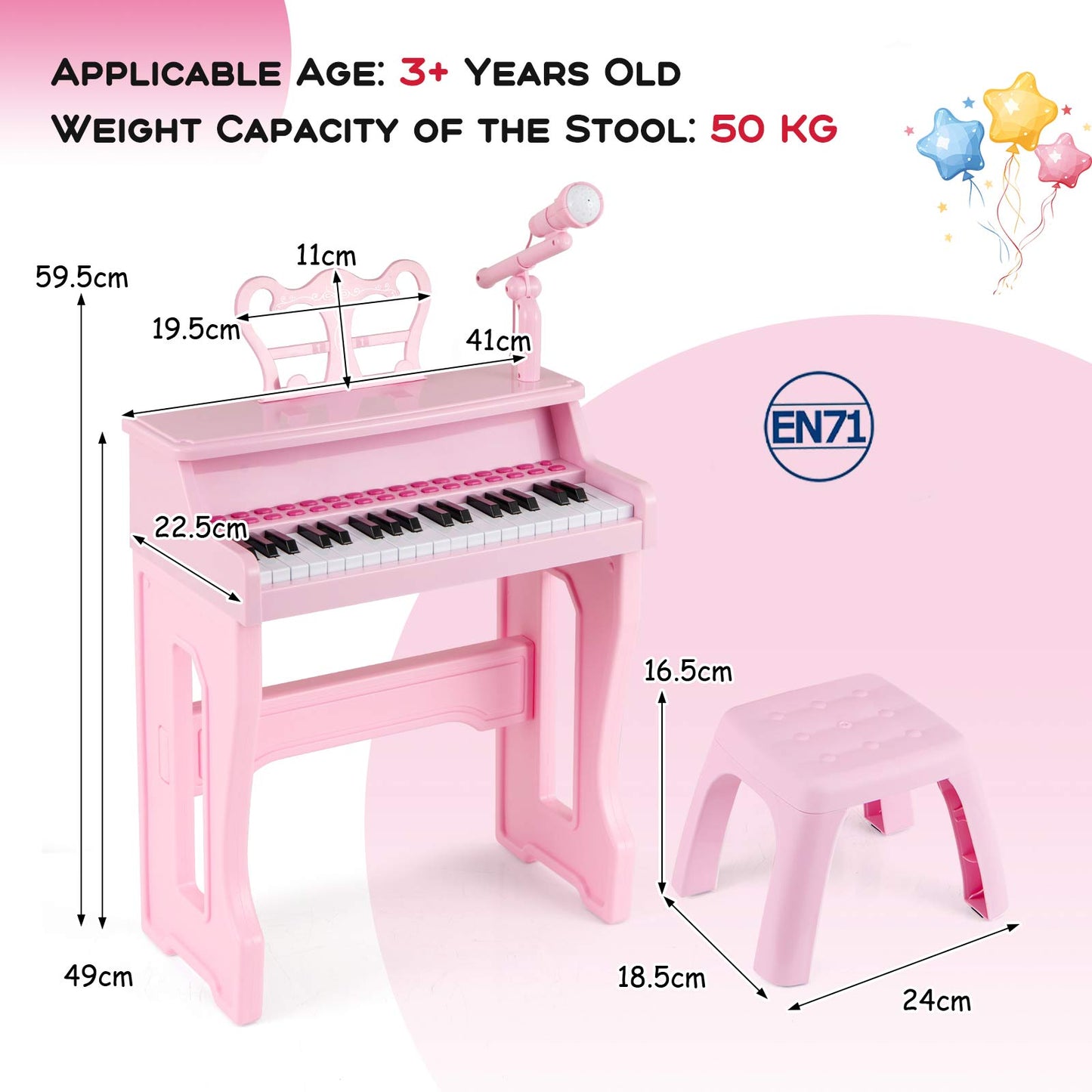 37-Key Electronic Piano Keyboard Toy with Adjustable Microphone-Pink