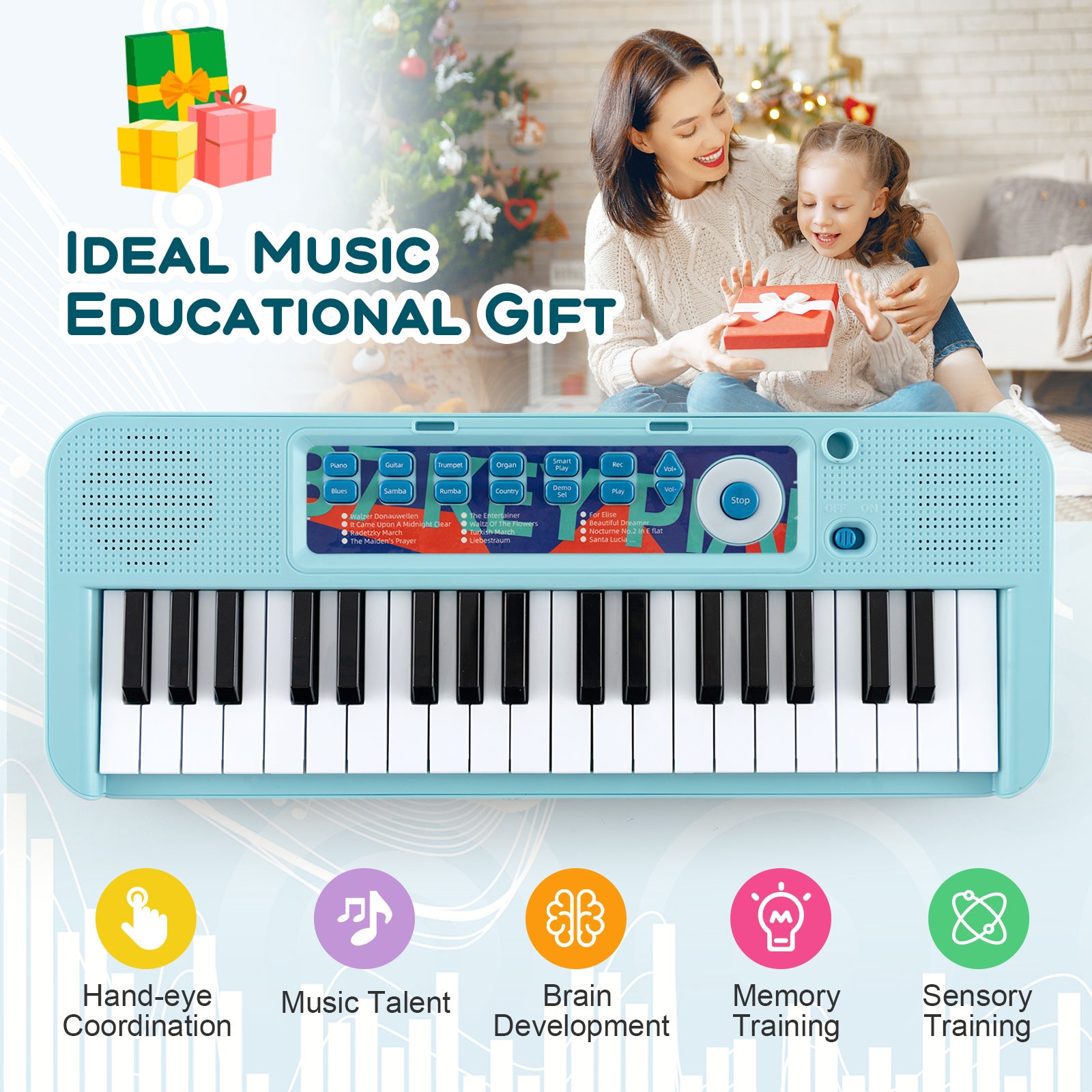 37 Keys Kids Piano Keyboard with Microphone for Ages 3+-Blue