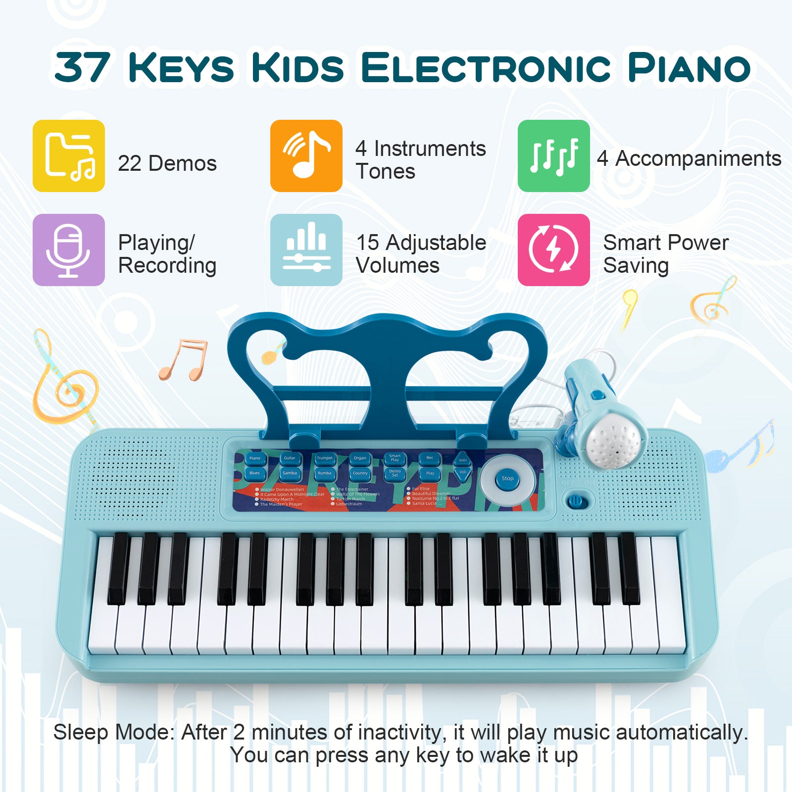 37 Keys Kids Piano Keyboard with Microphone for Ages 3+-Blue