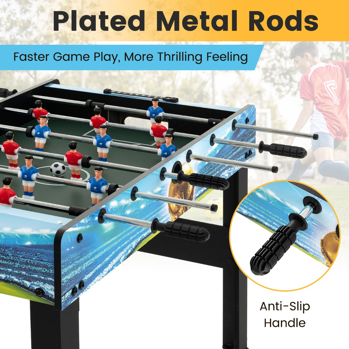 Black and blue foosball game table creates memorable family competitions and screen-free fun