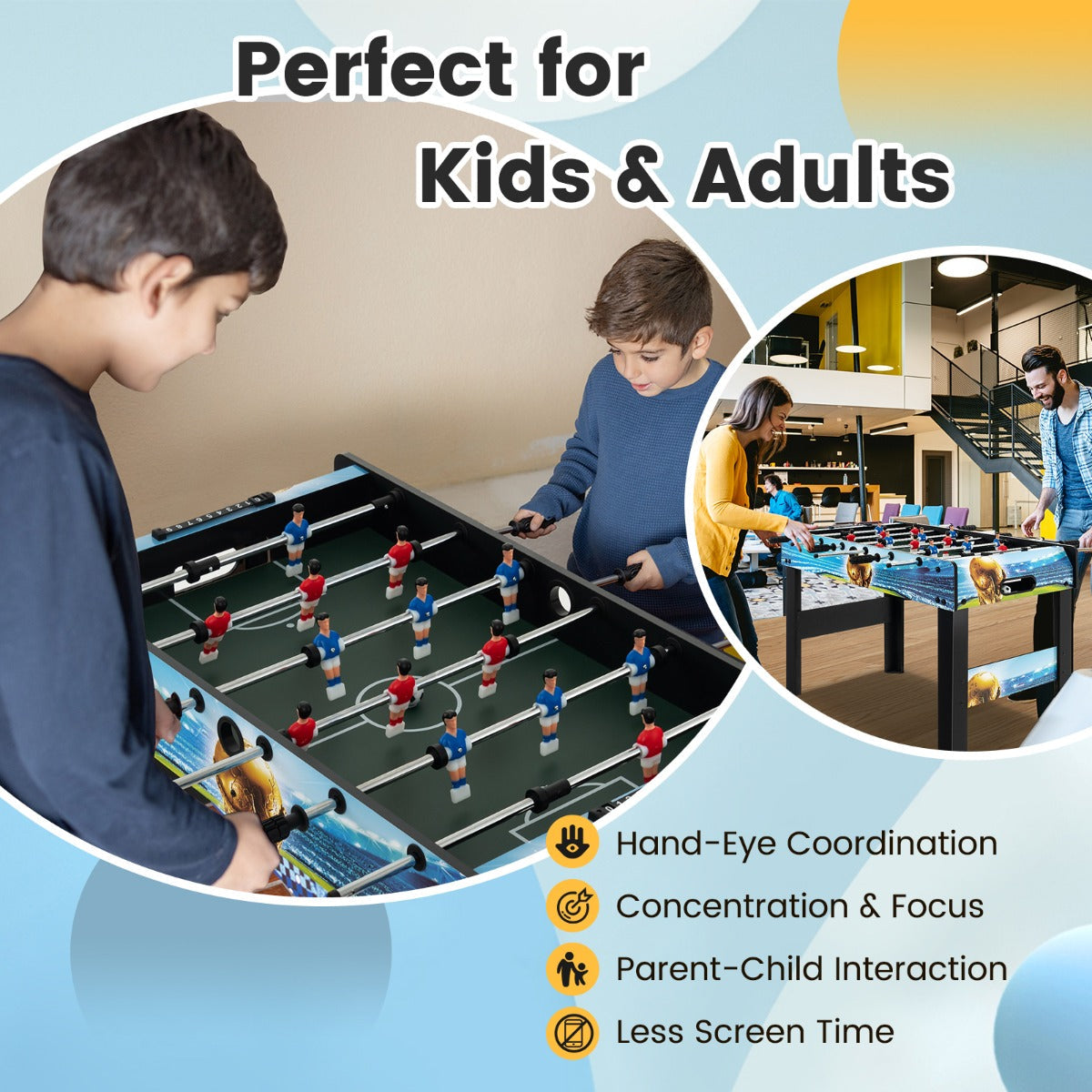 Sturdy MDF game table with reinforced crossbars withstands energetic gameplay and family use