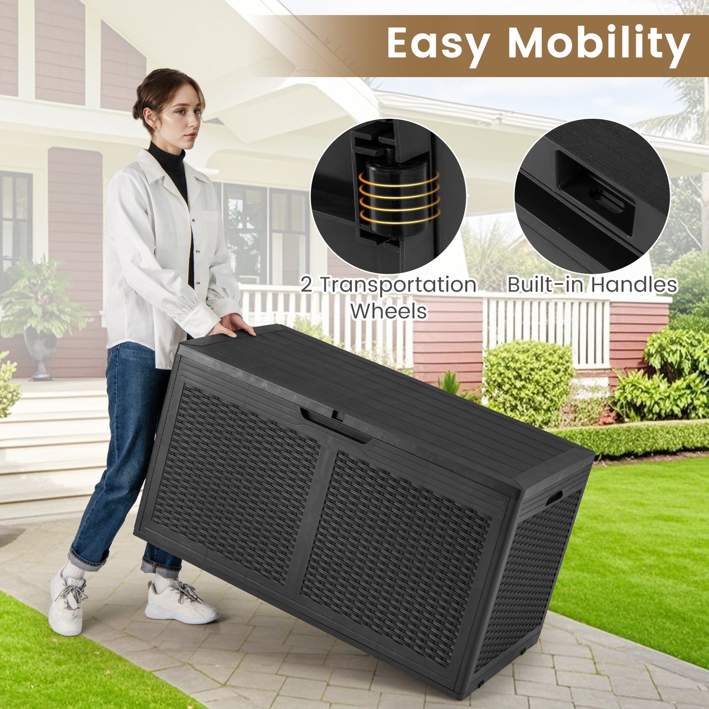 380L Resin Deck Box Outdoor Waterproof Storage Bench with Lockable Lid-Black