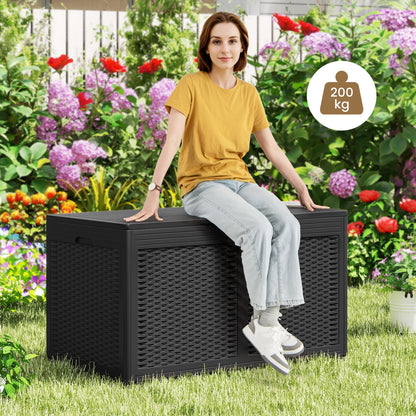 380L Resin Deck Box Outdoor Waterproof Storage Bench with Lockable Lid-Black