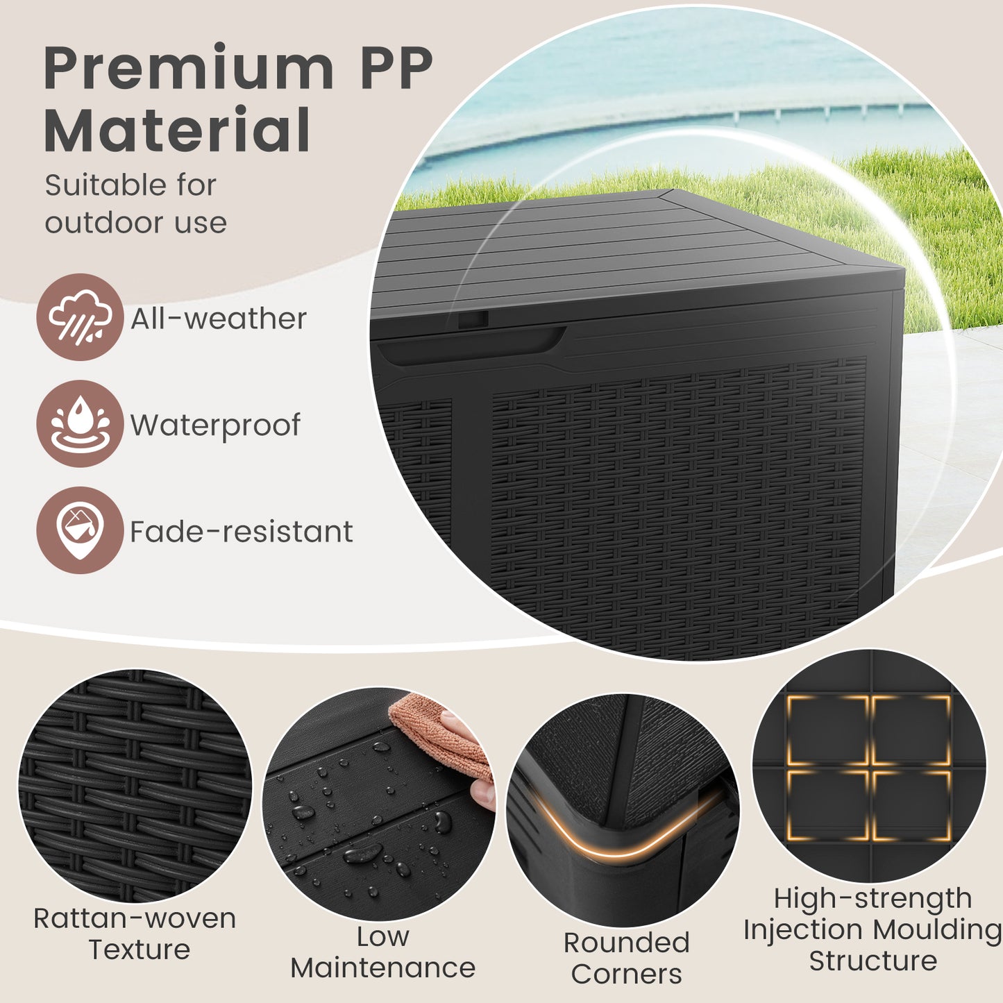 380L Resin Deck Box Outdoor Waterproof Storage Bench with Lockable Lid-Black