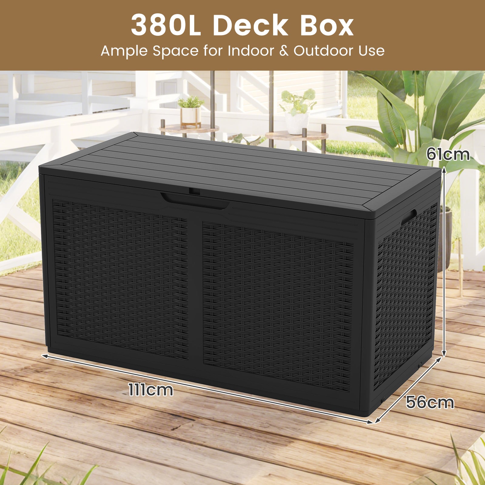 380L Resin Deck Box Outdoor Waterproof Storage Bench with Lockable Lid-Black