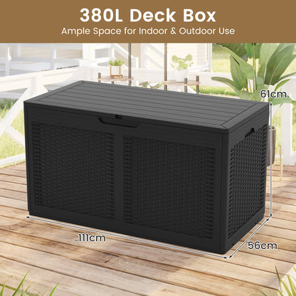 380L Resin Deck Box Outdoor Waterproof Storage Bench with Lockable Lid-Black
