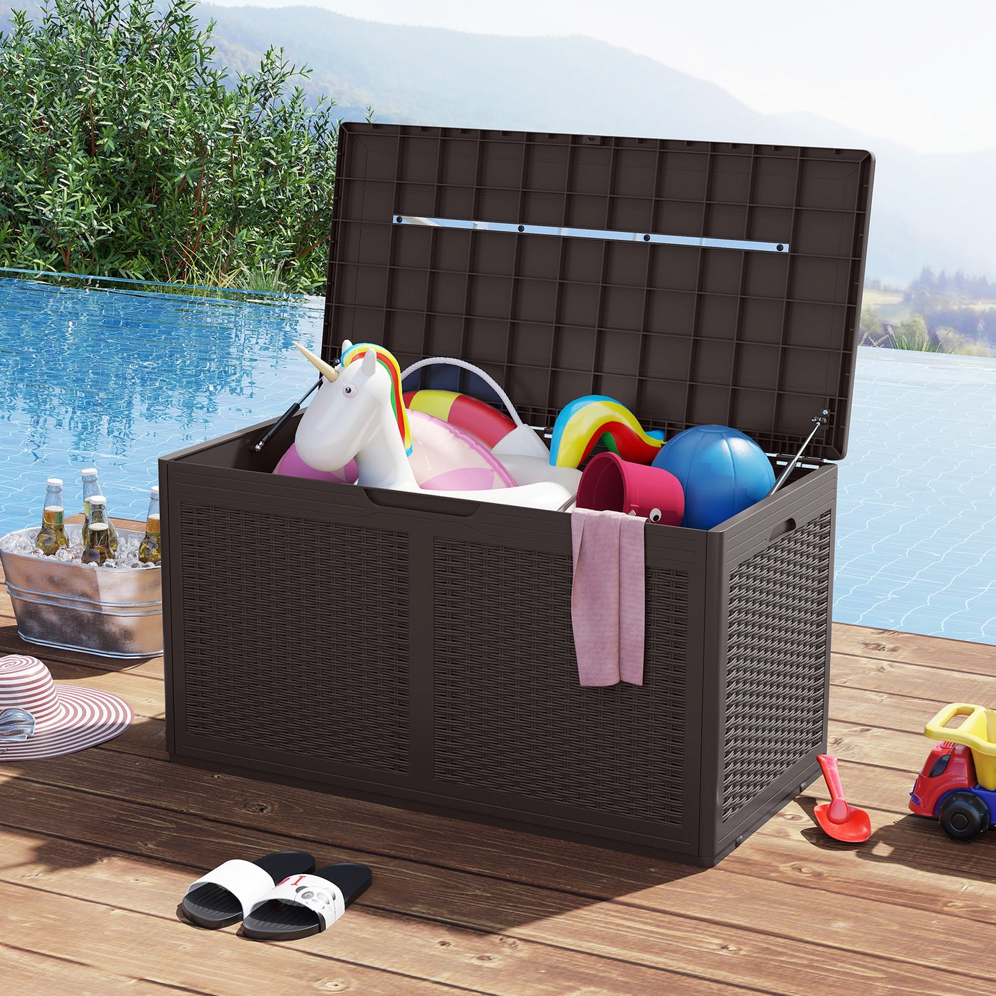 380L Resin Deck Box Outdoor Waterproof Storage Bench with Lockable Lid-Brown
